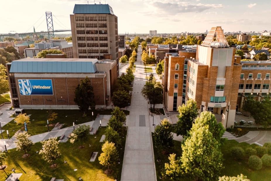 Aerial photo of the University of Windsor, looking north along Turtle Island Walk